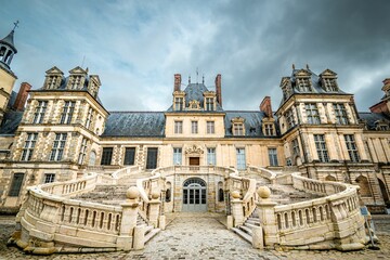 Stunning view of the Chateau de Fontainebleau in France with its grand staircase