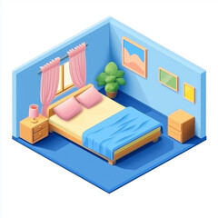 This charming isometric 3D rendering depicts a cozy bedroom scene, complete with a bed, nightstands, a window with curtains
