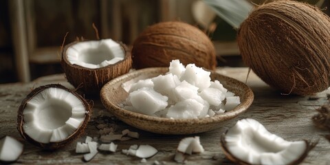 Coconut oil cubes arranged on a ceramic dish beside cracked coconut shells on a rustic wooden table with natural earthy tones.