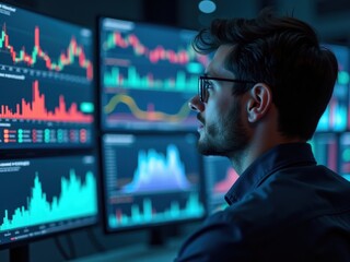 Financial analyst engaged in advanced computing while analyzing market trends on multiple digital displays at a modern workspace in the evening