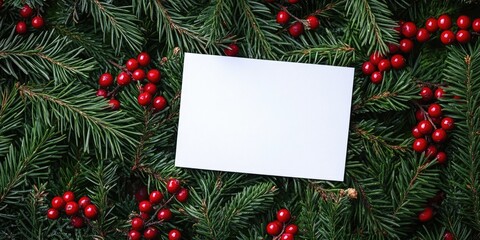 Blank white card positioned centrally on lush green fir tree branches with vibrant red berries, creating a festive winter-themed backdrop.