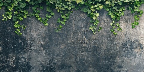 Textured dark gray wall with green ivy vines cascading down from the top, creating an organic contrast against the rough surface beneath.