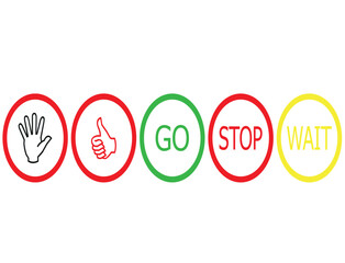  Stop, wait and go, bring symbol set in red, yellow and green color. Collection traffic signs icon. Sign, stop, go and wait isolated set. Road sign icon. Vector illustration.
