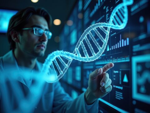 Advanced computing facility features scientist analyzing DNA data in a futuristic lab environment with interactive holographic displays