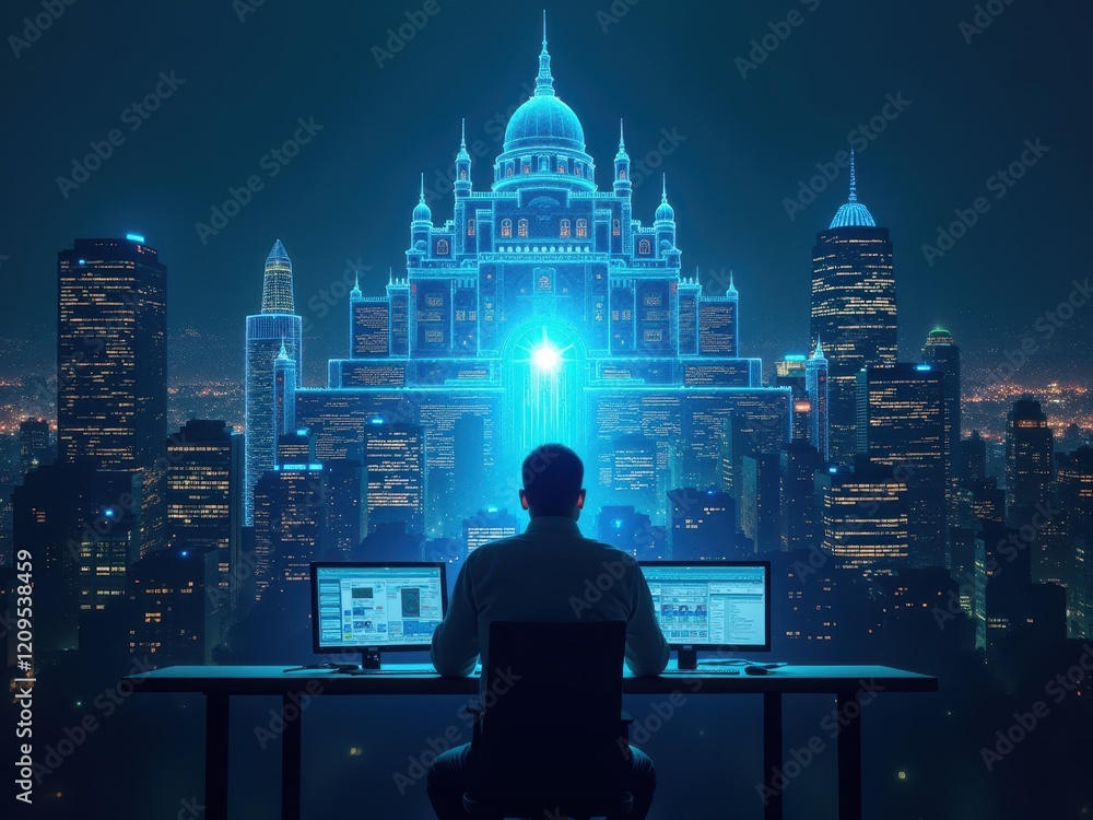 Poster advanced computing professional focused on data analysis in a futuristic cityscape at night with inn