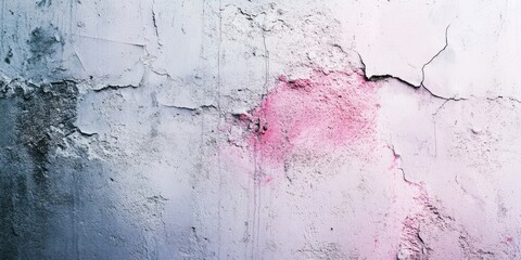 Textured grunge wall background featuring white and grey cracks with pink highlights positioned in the center creating an abstract blurred effect.