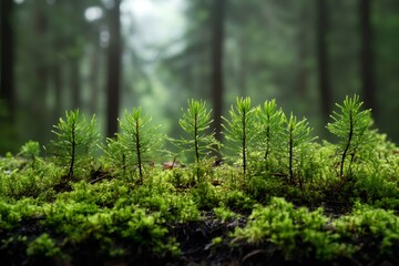 Fototapeta premium Young spruce saplings growing on mossy forest floor