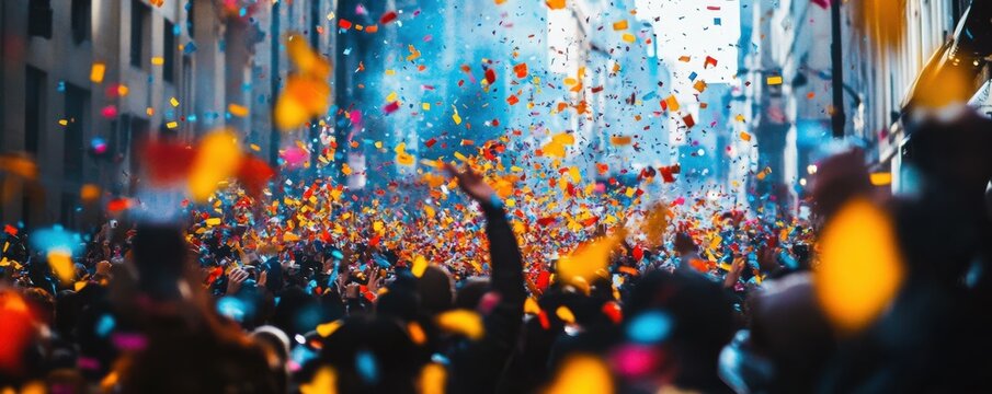 A celebration parade for a victorious team, the streets filled with confetti and cheering fans.