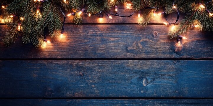 Christmas tree lights elegantly draped over a rustic wooden backdrop with deep blue tones creating inviting creative space for holiday designs.