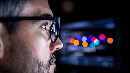 Focused Man Working on Computer at Night