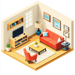 a cozy living room scene from an isometric perspective, showcasing various furniture