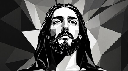 Low-poly monochrome portrait of Jesus Christ. Perfect for religious, spiritual, or meditative designs