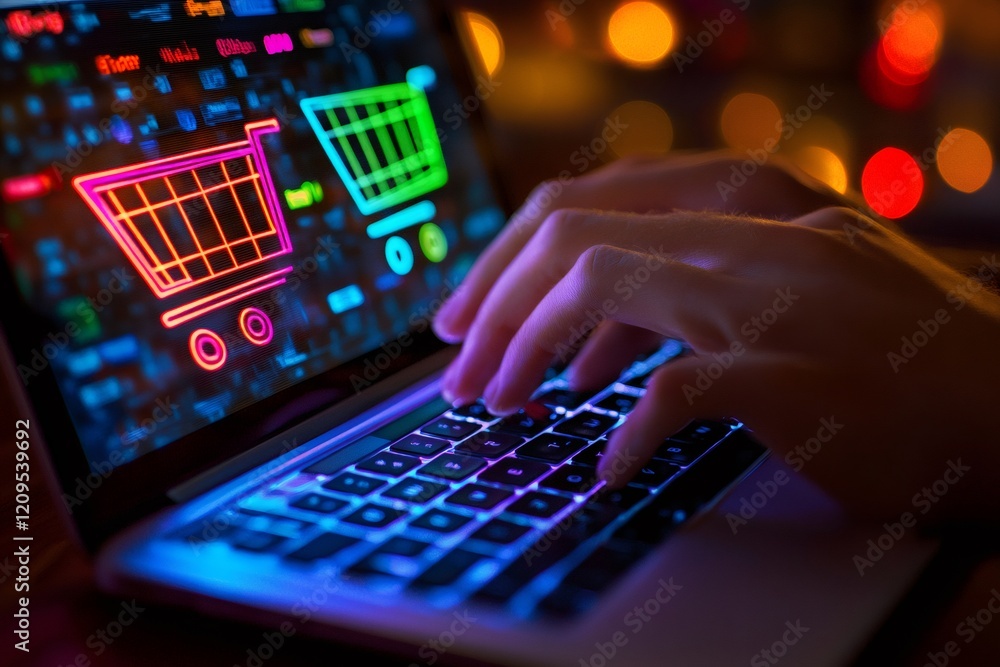 Wall mural programmer developing online shopping application on laptop with shopping cart icons