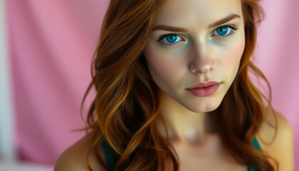 Fototapeta premium A portrait of a red-haired woman with a subtle smile, beautifully captured against a pink background.