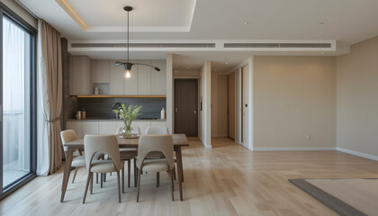 Fototapeta premium modern apartment with a dining room furnished with a table and chairs, as well as an empty living room with a beige wall