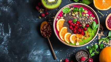 A vibrant smoothie bowl with fresh fruits and seeds, symbolizing health-conscious eating, Healthy eating scene