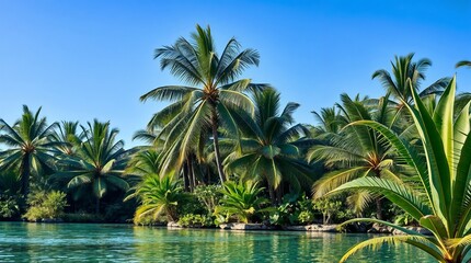 Fototapeta premium Tranquil Paradise Lagoon with Swaying Palm Trees Against Turquoise Waters