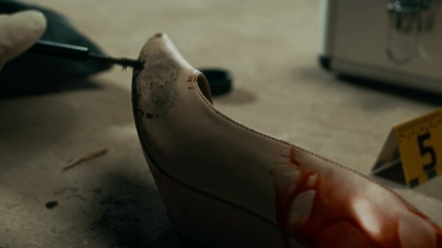 Cropped closeup shot of unrecognizable forensic expert in gloves applying black fingerprint powder on bloodstained woman high heel shoe on floor at crime scene