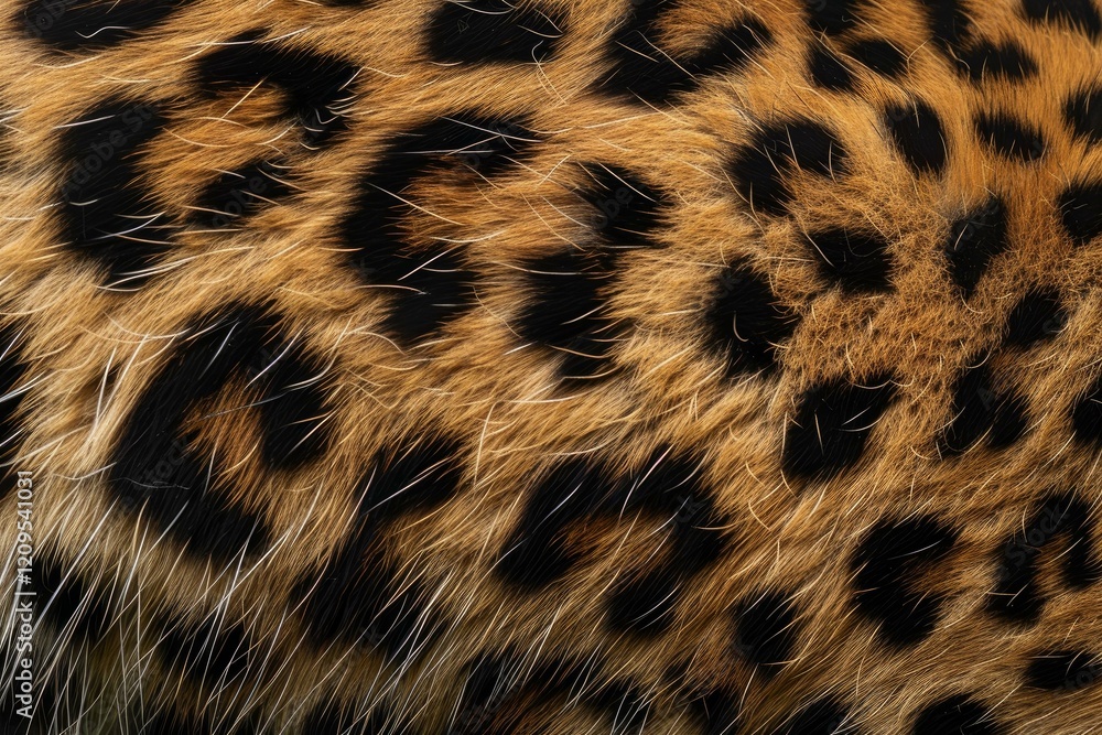 Poster close up view of leopard fur, highlighting the unique pattern of spots and texture of the hairs