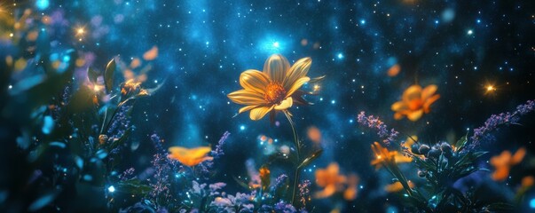 A celestial garden floating among the stars, with exotic plants and shimmering flowers blooming in zero gravity.