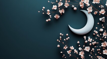 Crescent Moon and Delicate Pink Blossoms on Dark Background