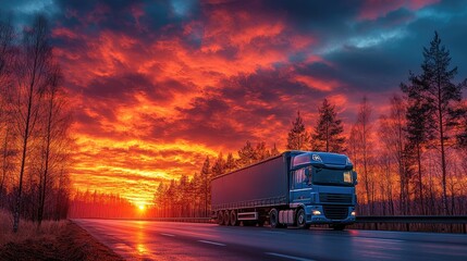 Trucking sunset highway forest transport