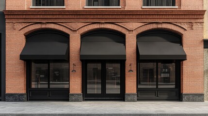 Naklejka premium Old brick shop with black and brown awnings, large windows, and blank wall space for advertising mockups