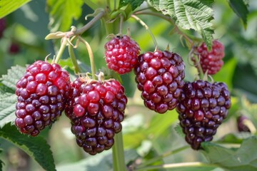 Fresh, juicy black raspberries ripen on a bush, ready for picking and enjoying