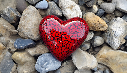 Obraz premium One red decorative heart on stones, above view