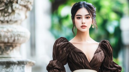 Fototapeta premium Elegant Woman in a Brown Dress: A captivating portrait of a young woman with dark hair and piercing gaze, she exudes elegance and allure in a flowing brown dress.