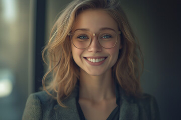 Hyperrealistic photo of a business woman in a suit smiling into the camera. Manager working in a finance company as an executive professional.