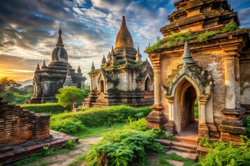 Fototapeta premium Ancient Buddhist Temple Ruins, Inwa, Myanmar: Majestic Stone Structures & Serene Landscape