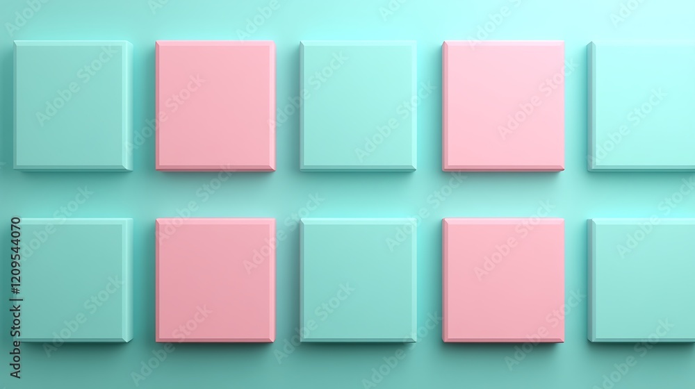 Poster abstract pastel squares arranged in a grid pattern with a soft teal and pink color palette for moder