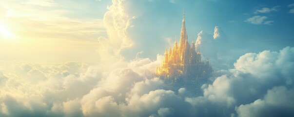 A celestial palace floating among the clouds, its golden spires reaching towards the heavens.