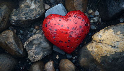 Obraz premium One red decorative heart on stones, above view
