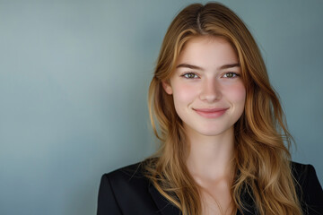 Naklejka premium Hyperrealistic photo of a business woman in a suit smiling into the camera. Manager working in a finance company as an executive professional.
