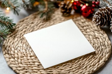 Blank Greeting Card on Rustic Mat Surrounded by Holiday Decor