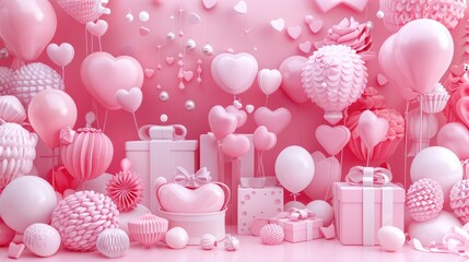 Valentine's Day background in a pink color, featuring hearts, balloons, and gift boxes for design use