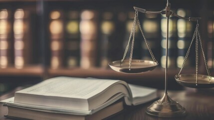 Justice scales, law books, library background, legal concept