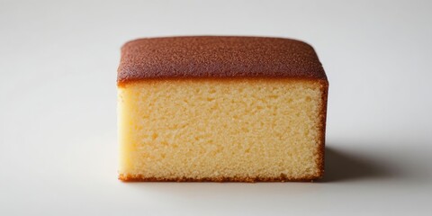 Homemade butter sponge cake with a golden brown top and soft yellow interior, centered on a white background with smooth, clean edges.