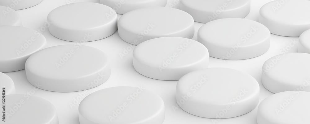 Poster close-up view of smooth white circular discs arranged in a pattern on a light background