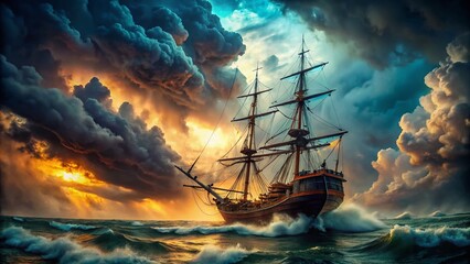 Obraz premium Ancient Shipwreck Ocean Smoke Double Exposure Dramatic Seascape Stock Photo