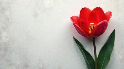 Fototapeta premium A single vibrant red tulip blossom, elegantly displayed against a textured, light gray background, offering a minimalist floral composition.