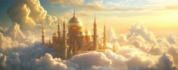 A celestial palace floating among the clouds, its golden spires reaching towards the heavens.