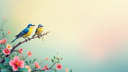 Fototapeta premium Two Vivid Birds Perched on a Branch Adorned with Delicate Blossoms Against a Soft Pastel Background
