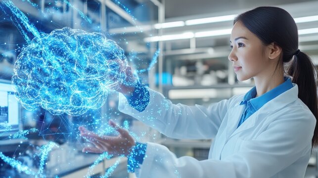 Scientist Exploring Neural Network: A focused female scientist in a lab coat interacts with a holographic projection of a neural network. - Powered by Adobe