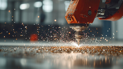 close up of robotic precision laser cutting metal sheet, emitting sparks in modern industrial setting