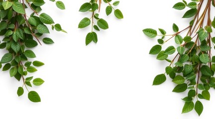 Fototapeta premium Green branches with fresh leaves arranged on white background. Flat lay composition with copy space for natural designs