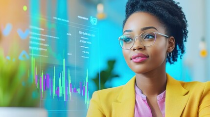Data Visionary: A pensive, successful businesswoman in a yellow blazer gazes thoughtfully at a futuristic holographic interface displaying dynamic data graphs and charts.