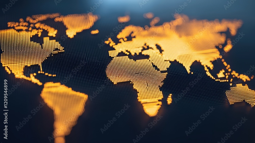Poster a digital world map illuminated in warm tones, showcasing continents in a textured style against a d